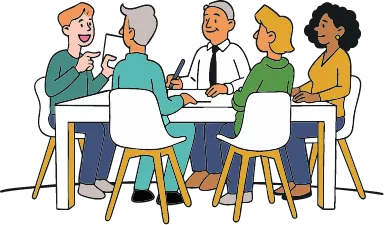 Een groep mensen om tafel met elkaar in gesprek.