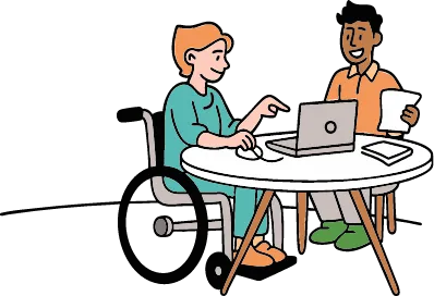 Twee mensen aan tafel achter een laptop en papieren.